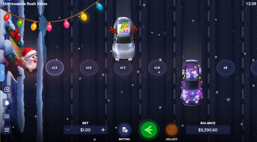 Uncrossable Rush Xmas od Evoplay, kura na zaśnieżonej drodze
