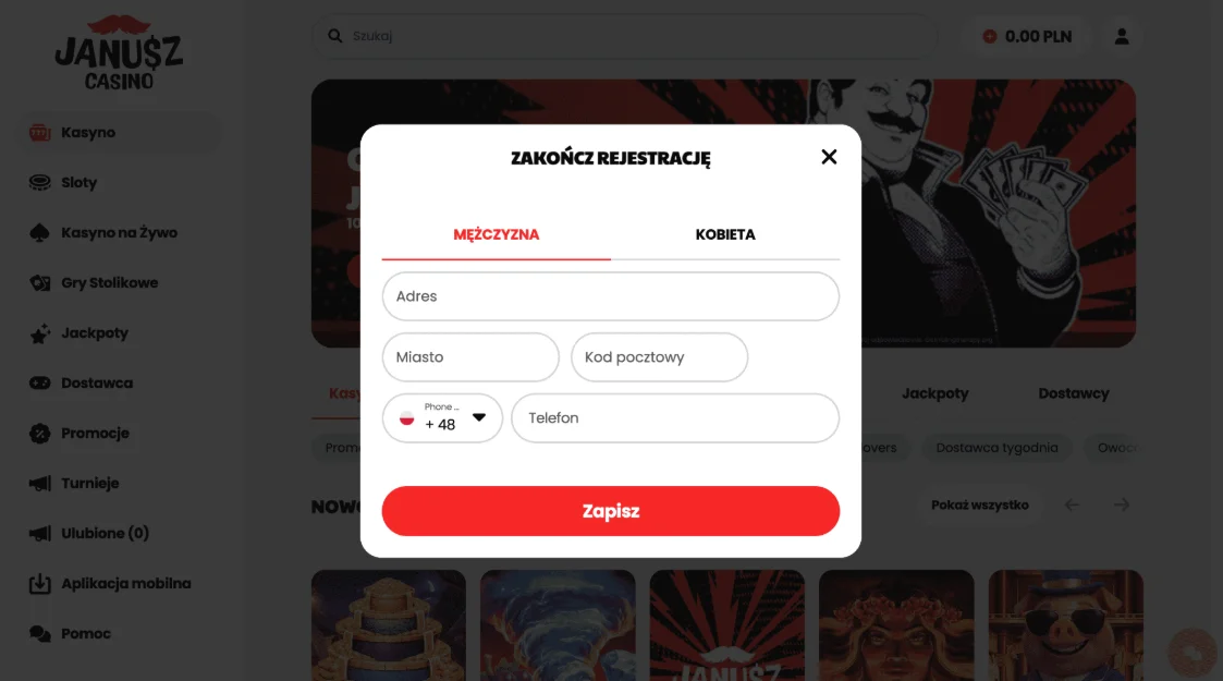 Janusz Casino: rejestracja konta