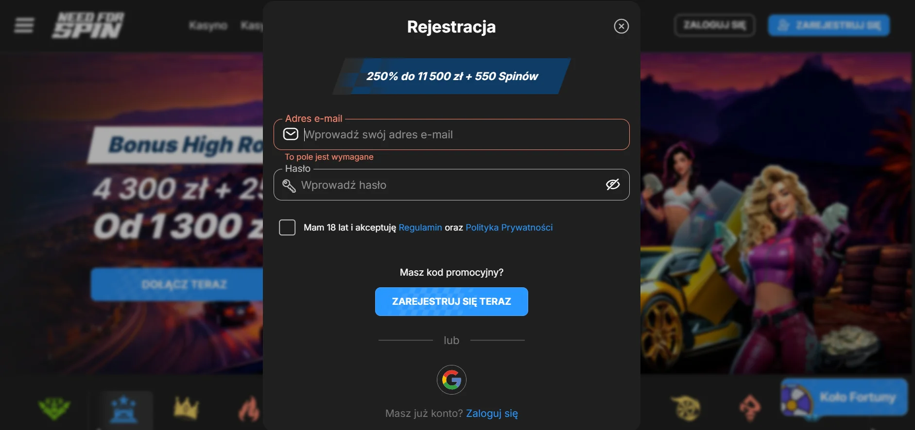 Need for Spin: rejestracja konta