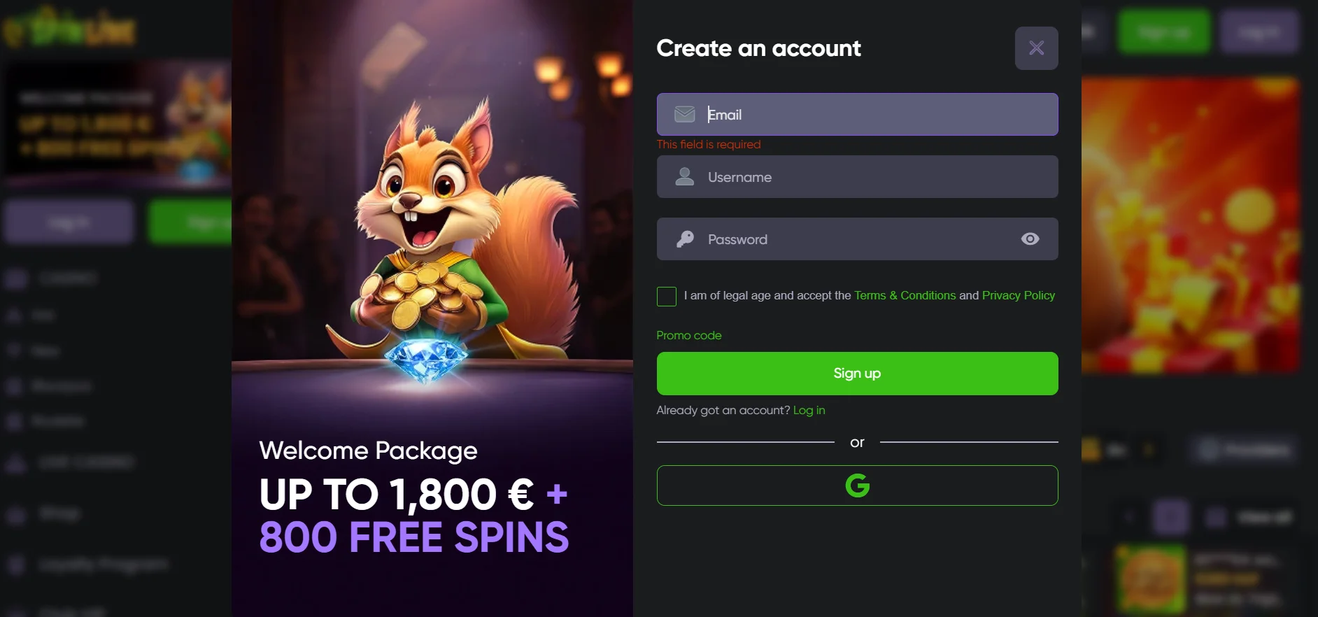 Spinline: rejestracja konta