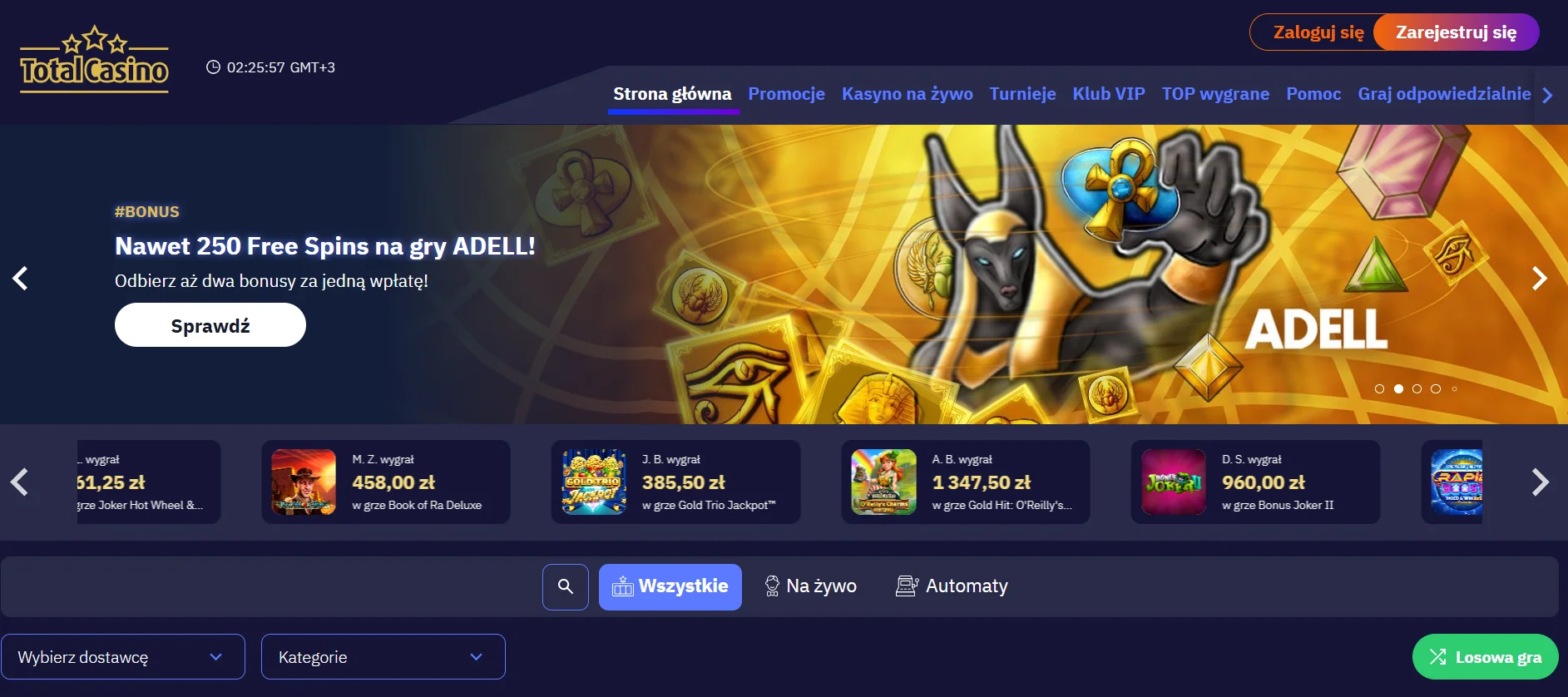Strona główna Total Casino, jedynego legalnego kasyna online w Polsce