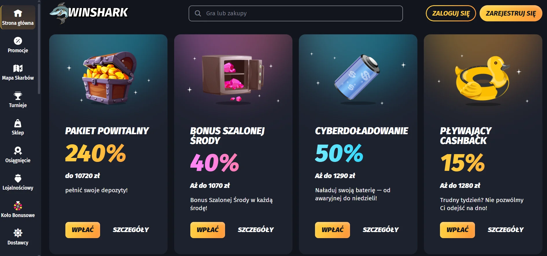 Winshark: bonus powitalny i darmowe spiny